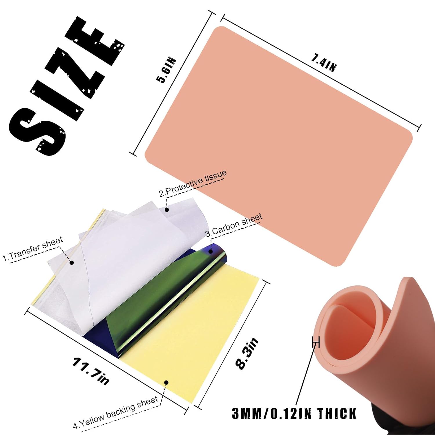 Tattoo Practice Skin Kit - 8PCS 3mm Thick Double Sided Fake Skin 8x6 Inch with 10PCS Tattoo Transfer Paper, Reusable Silicone Tattooing Practice Skin for Beginners Apprentices & Artists