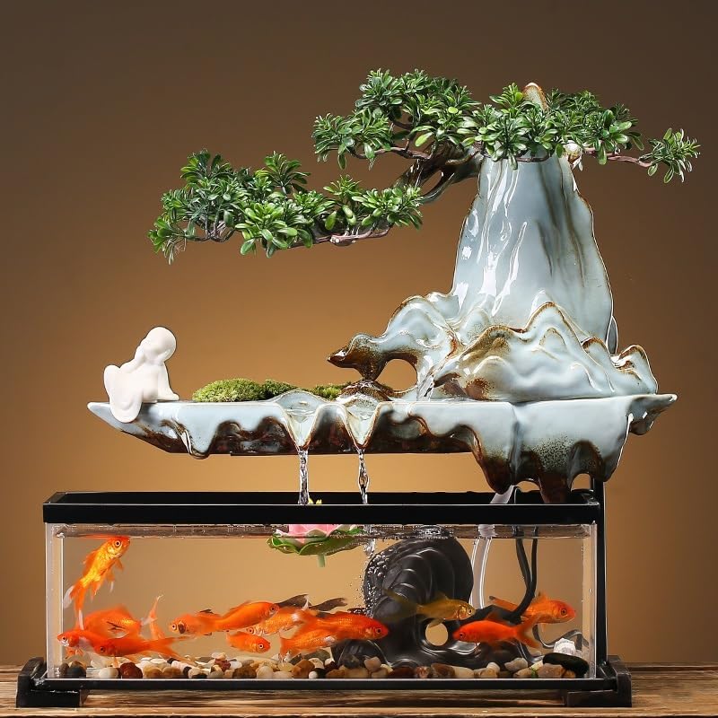 Indoor Fountain Tabletop Fountain Chinese Style Flowing Water Ornaments Landscape Fish Tank Living Room Small Fountain Waterfall Office Creative Decoration Tabletop Fountain