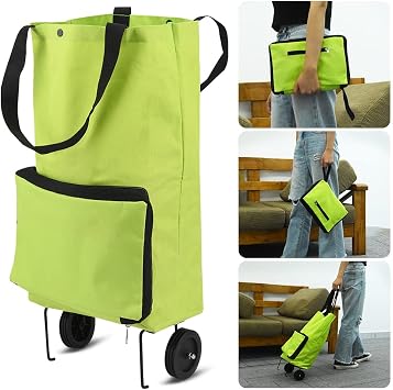 Collapsible Shopping Trolley, Folding Bag with Rubber Wheels Foldable Cart Oxford Cloth Bags Reusable for Supermarket,Capacity (Green(with Wheels))