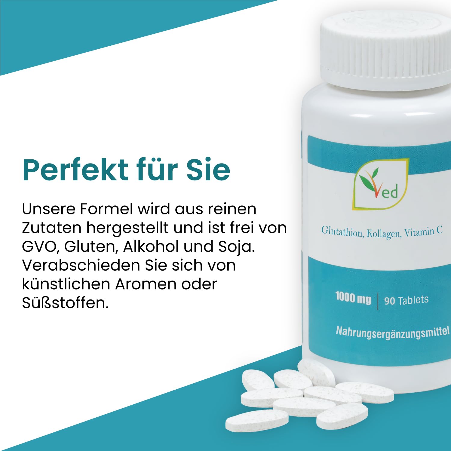 VED Reduziertes L-Glutathion, Kollagen, Vitamin C Tabletten | 1000 mg x 90 Tabletten