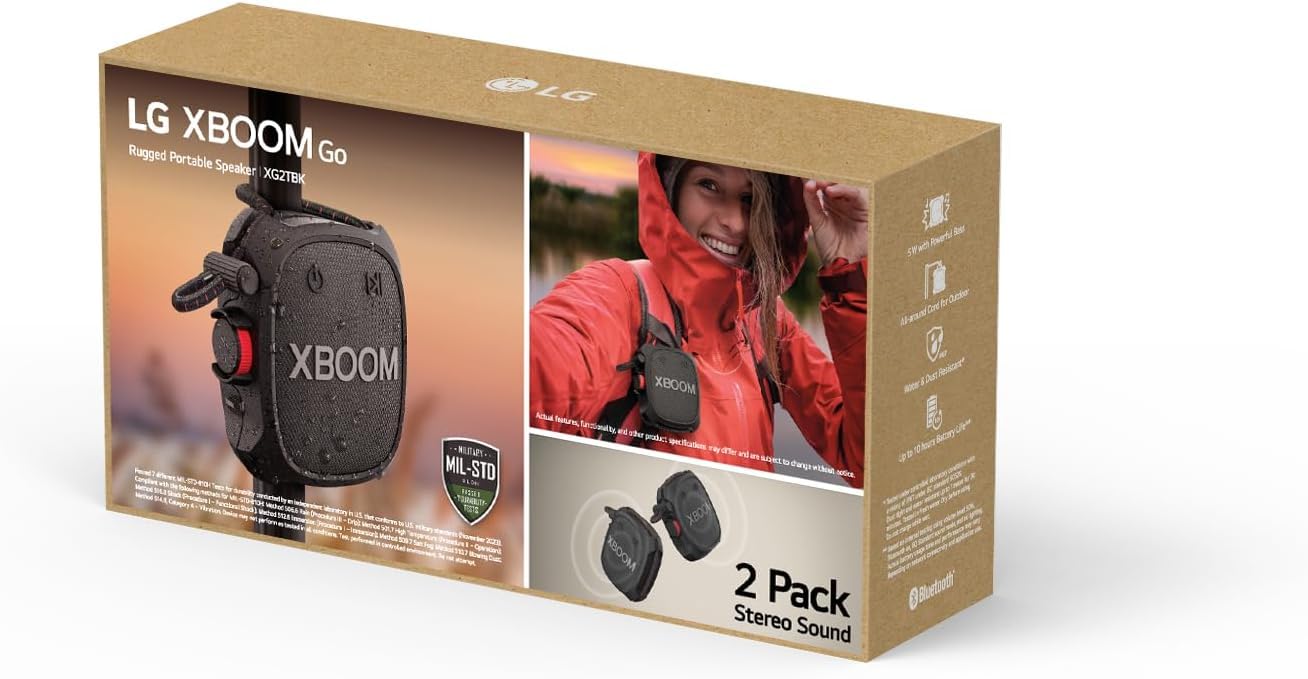 LG XBOOM Go XG2 Mini altavoz Bluetooth portátil, paquete doble, resistente al agua, portátil al aire libre, hasta 10 horas de duración de la batería, 5 W, con transmisión inalámbrica de música