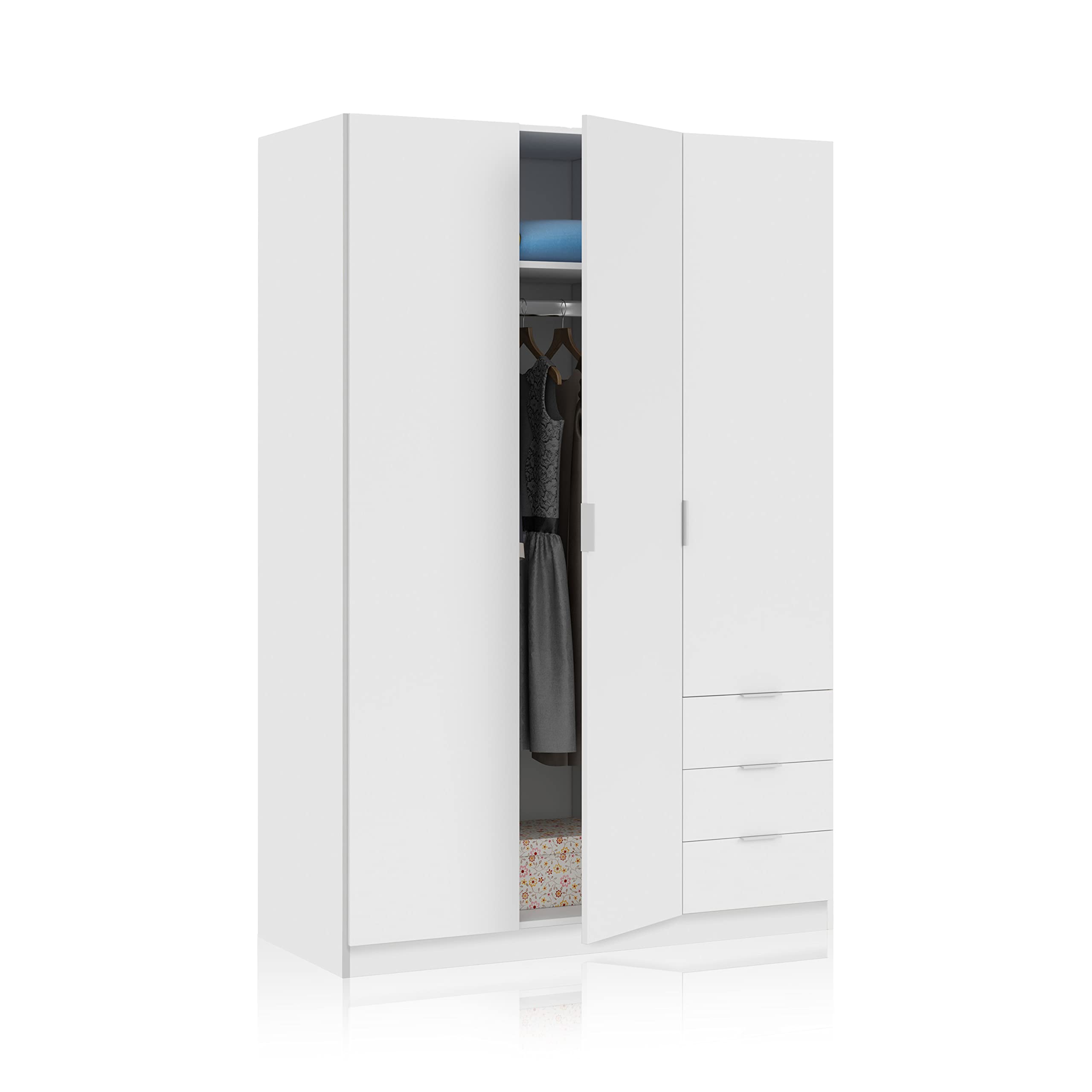 duehome | Armario de 3 Puertas y 3 Cajones, Armario para Dormitorio, Modelo Hexa, Acabado en Blanco Soft, Medidas: 121 cm (Largo) x 180 cm (Alto) x 52 cm (Fondo)