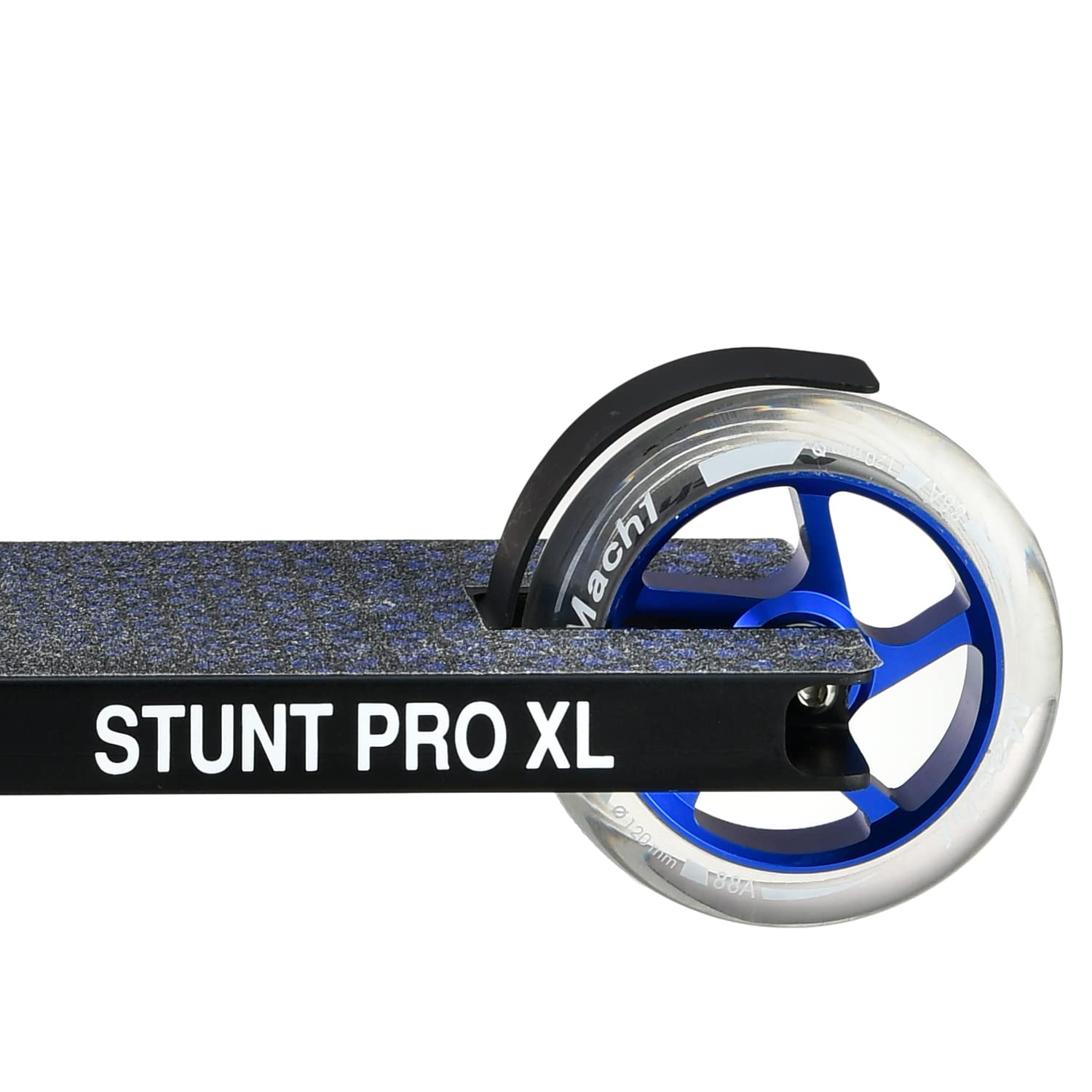 Mach1 Stunt Scooter Kierownica 360° – kółka 120 mm z aluminiowym rdzeniem i łożyskami kulkowymi ABEC 9, hulajnoga, Fun Stunts Trick Roller dla dzieci od 6 lat (czarno-niebieska z przezroczystymi kółkami)