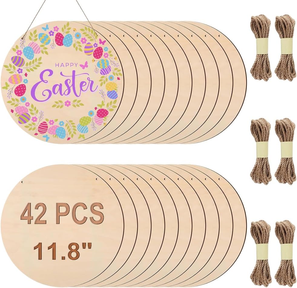 42 Pcs 12 Inch Unfinished Wood Circles for Crafts, Blank Unfinished Wood Rounds Plaques for Cricut Crafts, DIY Painting Round Disc Cutouts with Twine, Door Hanger Circle Signs Home Decor