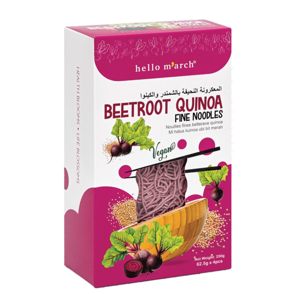 Hello March Beetroot Quinoa Fine Noodles, High Protein Wheat Flour, Organic Raw Quinoa, Suitable for Vegetarian & Vegan Diets - 250g