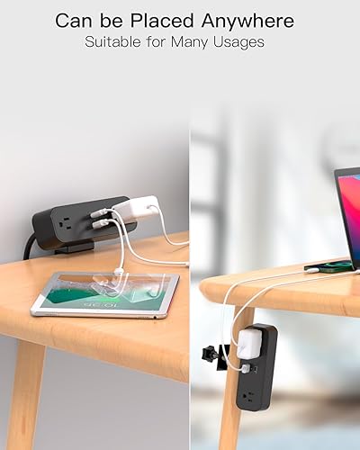 Miniatura 7 de Regleta de alimentación con abrazadera de escritorio, cable de extensión de enchufe plano de 10 pies con USB C, 2 tomas, protector de sobretensiones