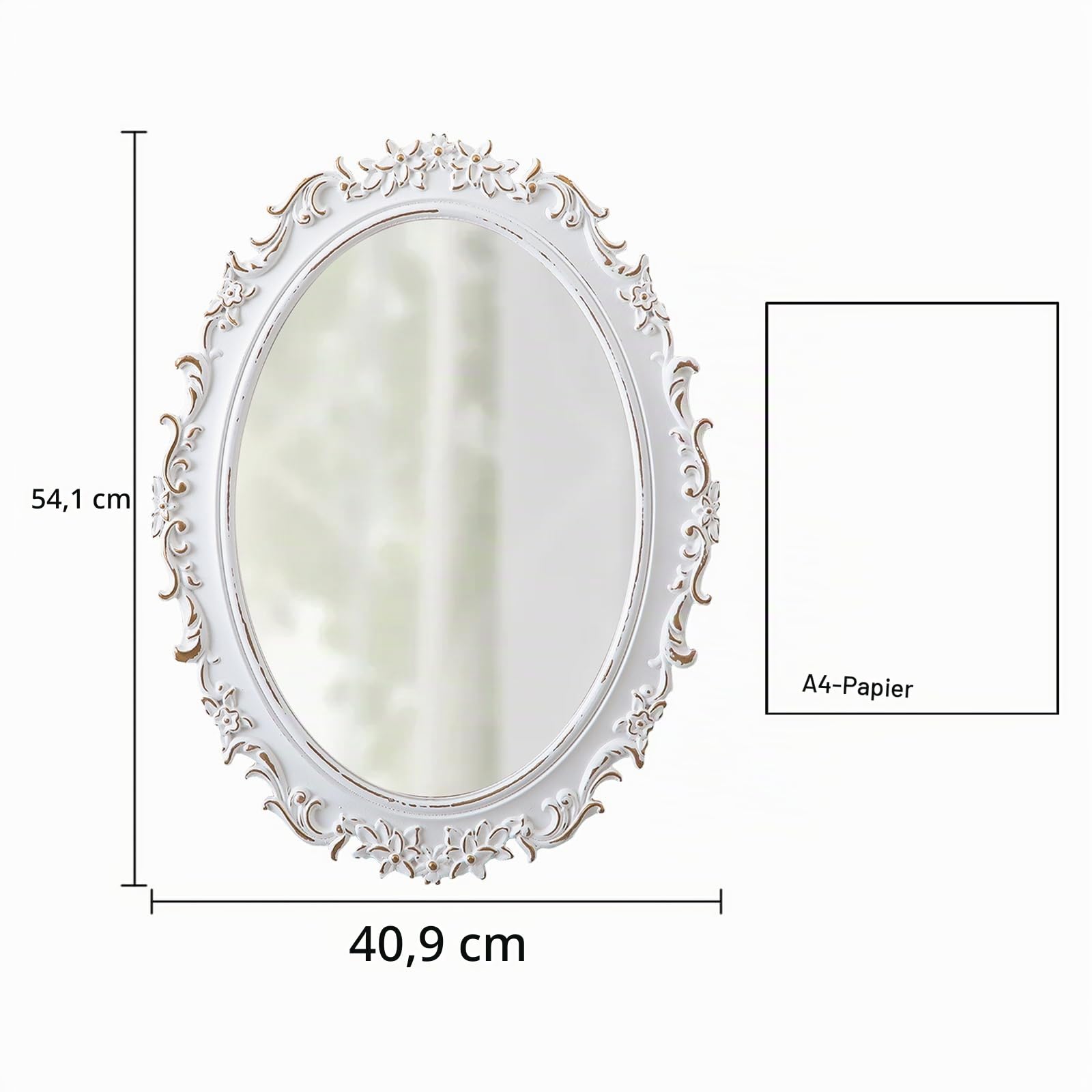 Vintage Spiegel Oval Holzrahmen 54 x 41 cm, Barock Dekorative Wandspiegel Weiß, Rustikaler Hängespiegel für Wanddeko, Horizontal oder Vertikal