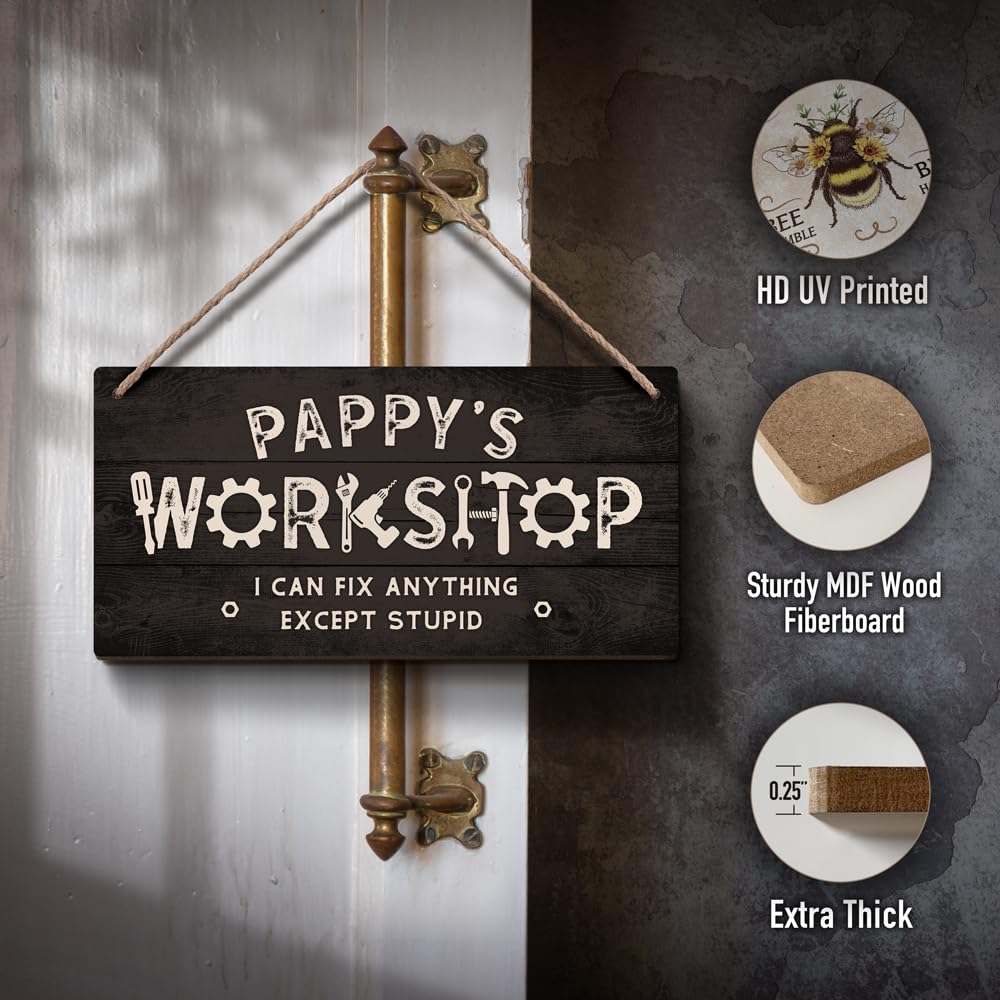 YZEXEZY Pappy Gifts,Pappy's Workshop I Can Fix Anything Except Stupid Sign 6"x12"Grandpa Gifts,Funny Garage Decor Workshop Hanging Wood Signs Gifts for Pappy Dad Grandpa