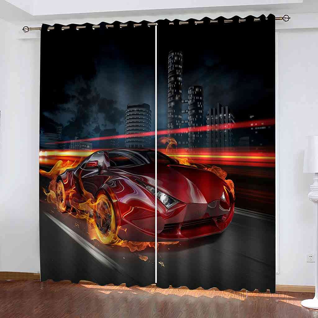 DSVNNZ Rideaux D'impression Numérique 3D Voiture De Sport Rouge Flamme De Rideaux Perforés Rideaux Occultants Pour De Chambre À Coucher De Cuisine De Salon De Jardin 2 Pièces 183x275cm (L X H