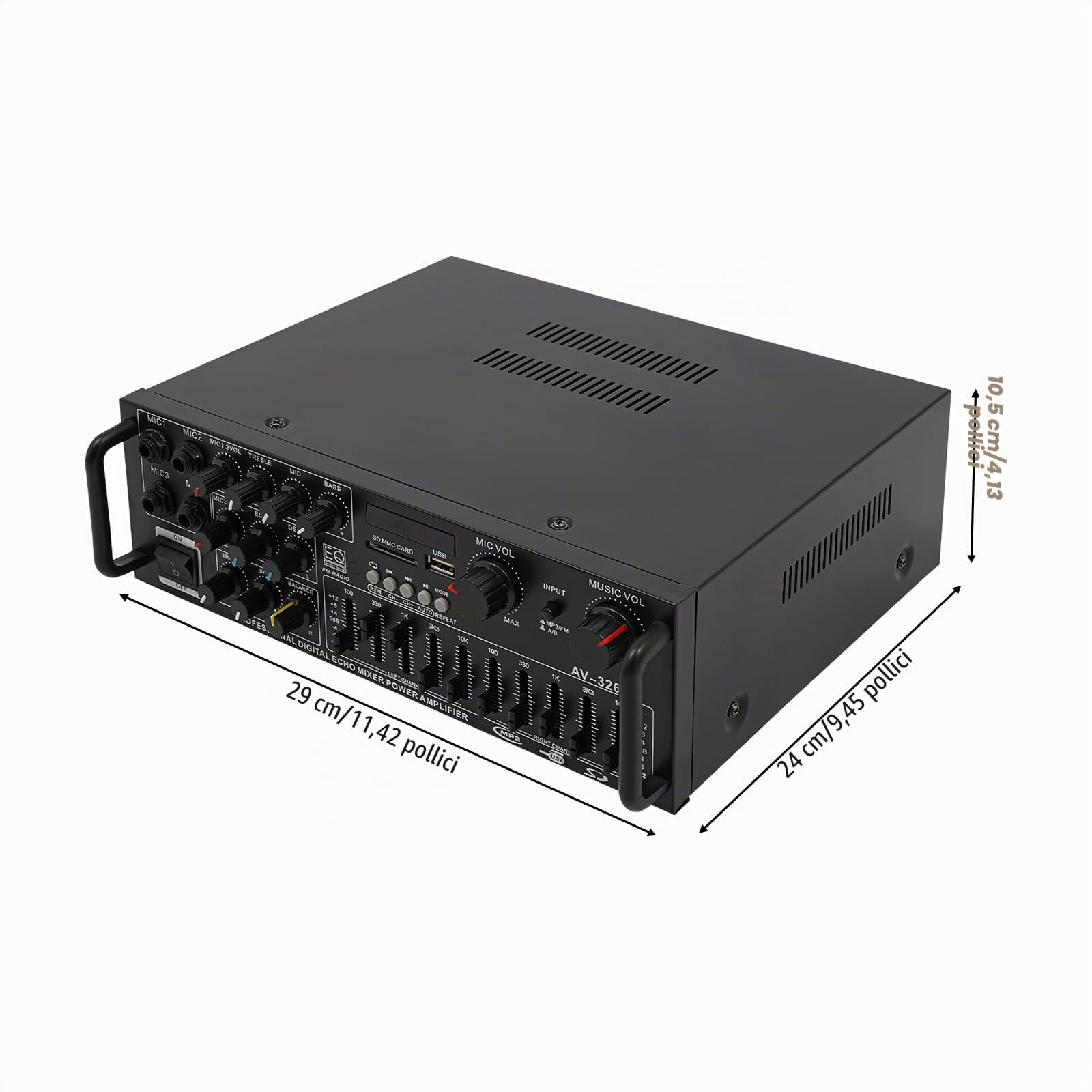 AV-326BT - Amplificatore audio stereo Bluetooth 2 x 200 W con 4 ingressi MIC, USB/SD/MP3, ricevitore ad alta fedeltà per home cinema e karaoke