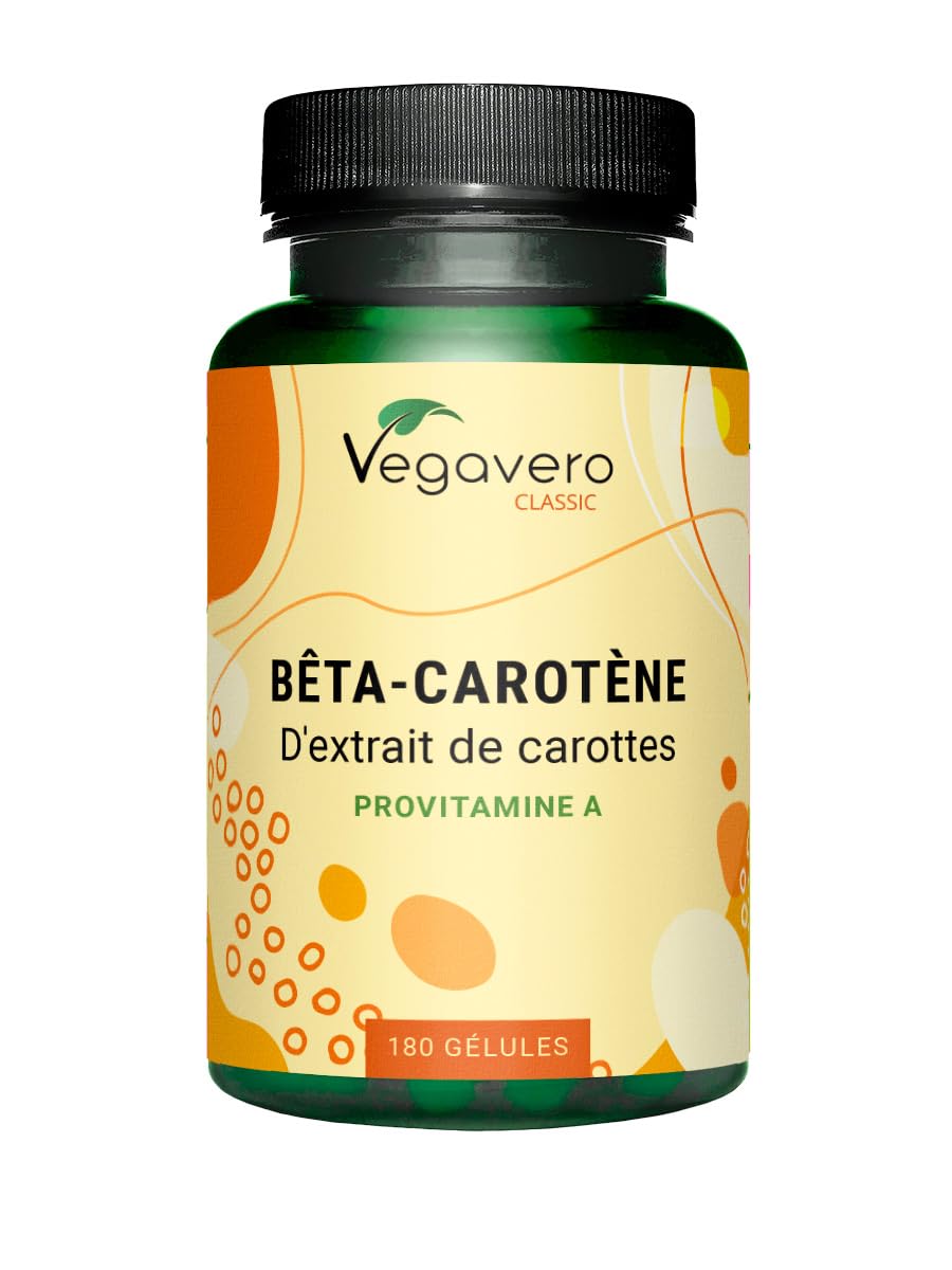 Bêta Carotène Vegavero® | 100% NATUREL & Vegan | Sans Additifs | Bronzage & Protection Peau | Extrait de Carotte Avec Vitamine A | 180 gélules (6 mois)