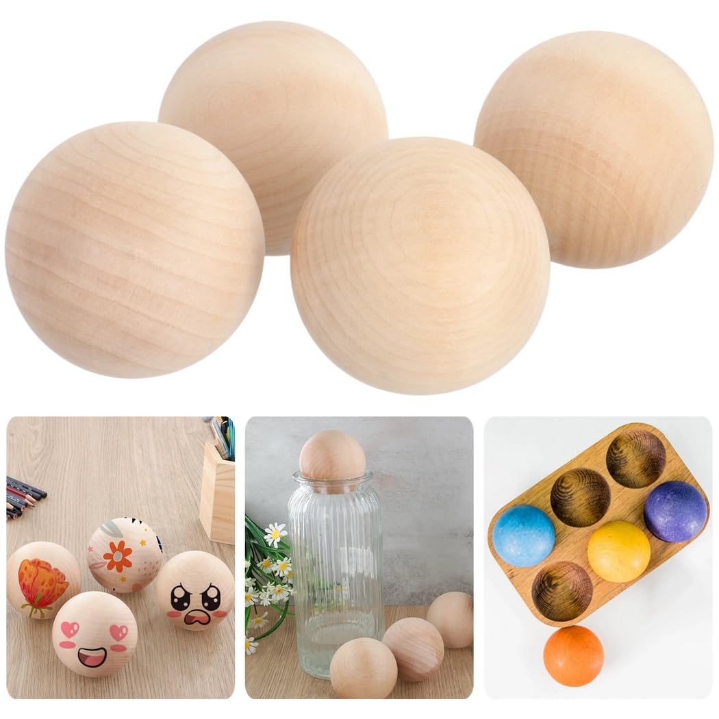 4 Stk. Holzkugeln 3 Zoll, unbehandelte Kugeln aus Natur-Hartholz, kleine glatte Holzkugeln für Basteln, DIY-Projekte und Dekorationen