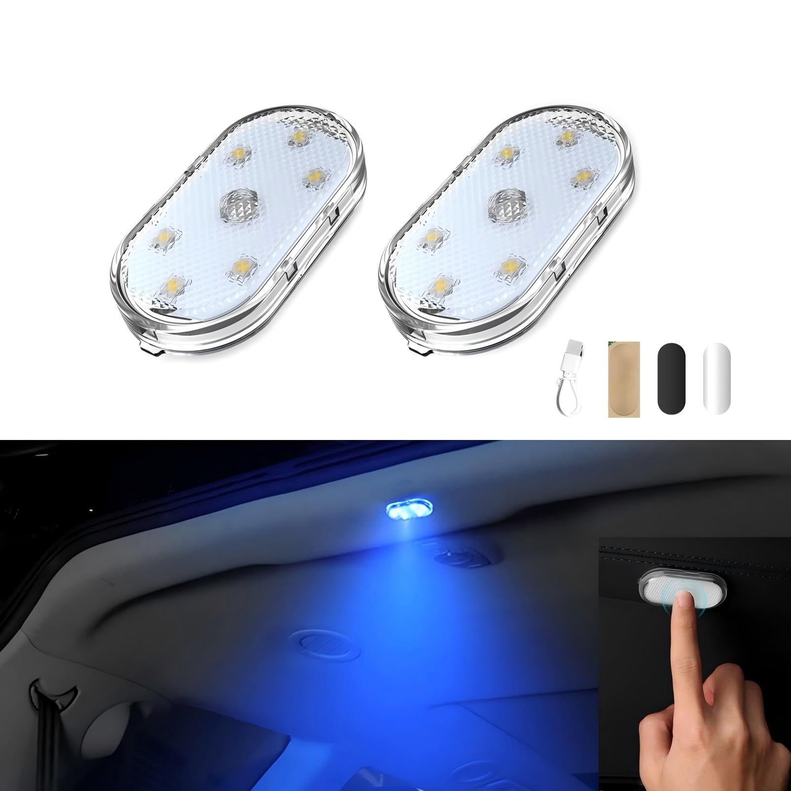 KASTWAVE Car LED Lights, Interior Portable Small Incar LED Touch Lights with 6 Bright LED Lamp Beads, USB Rechargeable Lighting Light Car Emergency Light (Blue Light)
