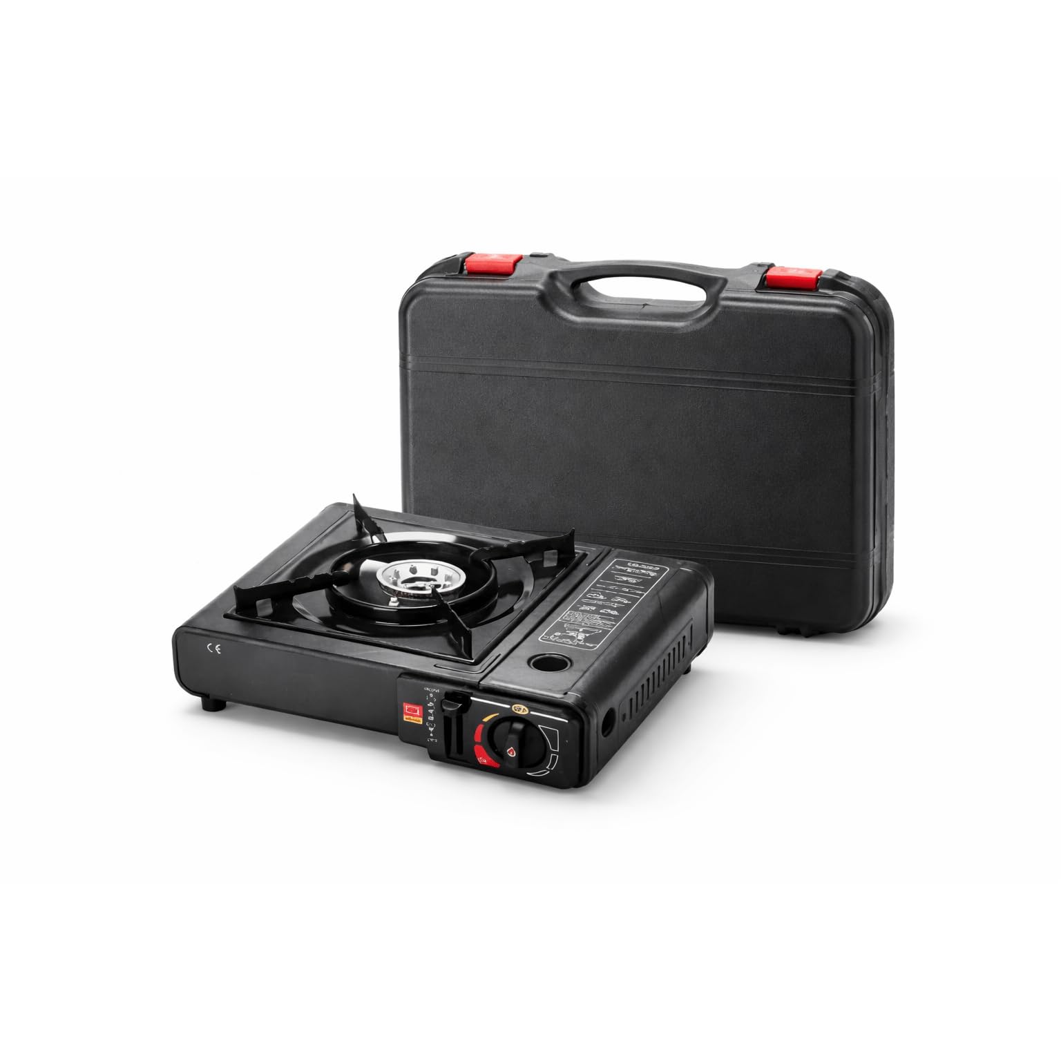 Cocina de gas portátil de 1 fuego con maletín, hornillo camping gas dual para cartucho 227 g o botella externa, encendido piezoeléctrico, potencia regulable, cocina compacta para camping