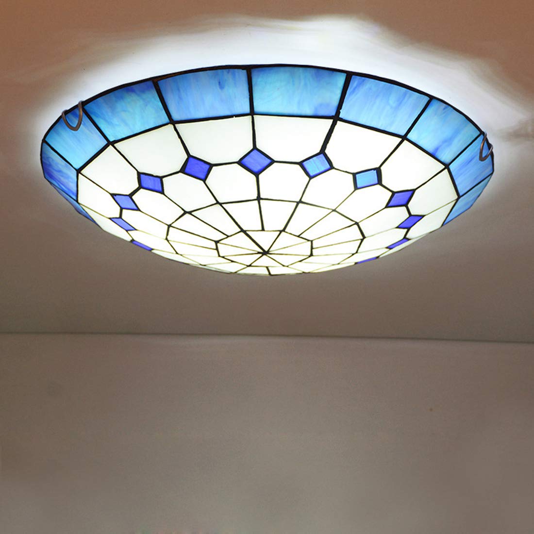Plafón de estilo Tiffany, manchado pasillo de cristal redonda de techo luz rasante del montaje, la iluminación azul del Mediterráneo decoración del techo para el dormitorio sala de estar,40cm