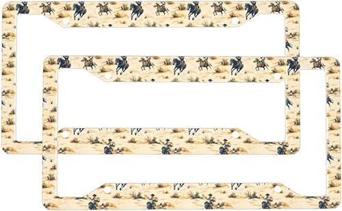 2 Pcs Car License Plate Frames for Women Men - Vintage Western Cowboy Print Solid Aluminum License Plate Cover for Car Accessories with Fasteners