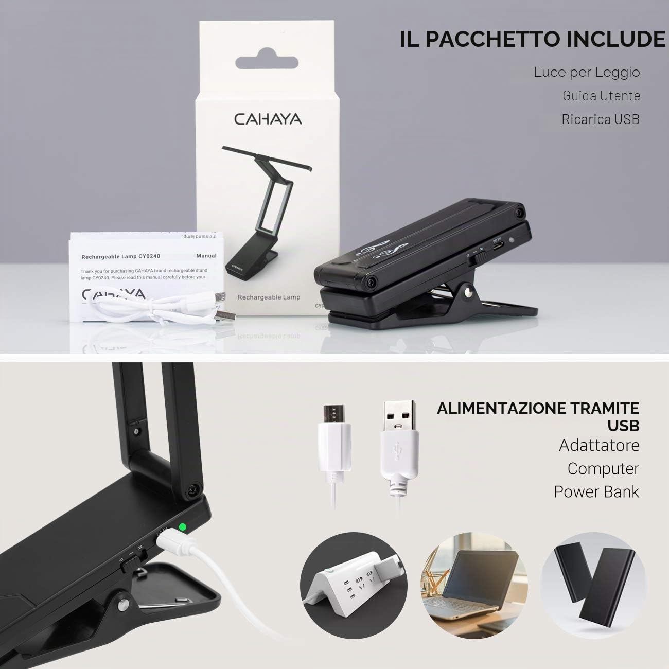 CAHAYA Lampada LED per Leggio Clip-On Ricaricabile Luce per Leggio Musicale con Pinza 10 LED Luminoso Luce Pieghevole Senza Filo Portabile 2 Modalità Dura 6 Ore Modello CY0240