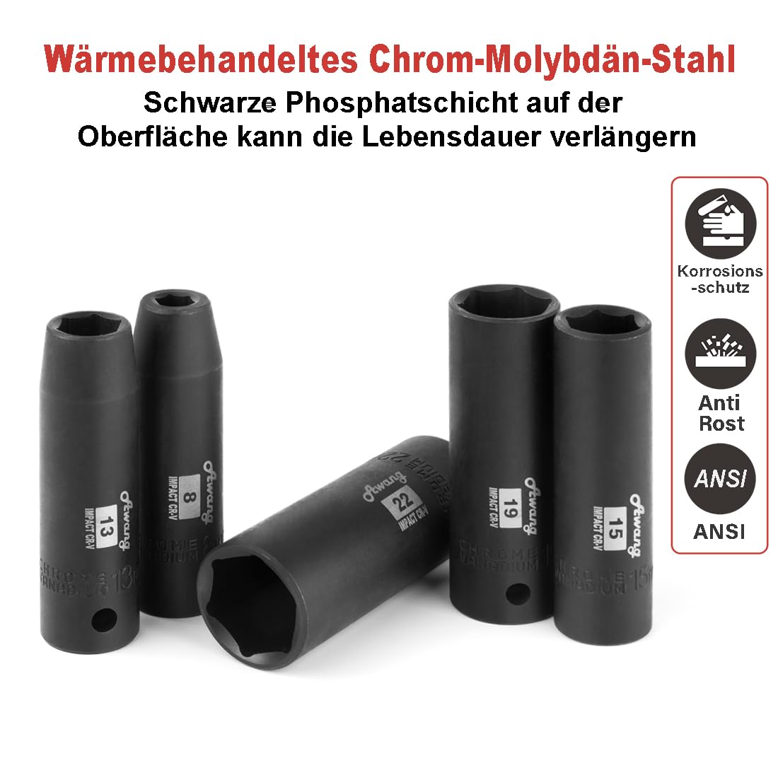 Awang Kraft, set di dadi per avvitatore a percussione, 1/2", 8-24 mm, con asta di prolunga da 5,10", 1/4 Adatper, 19 pezzi