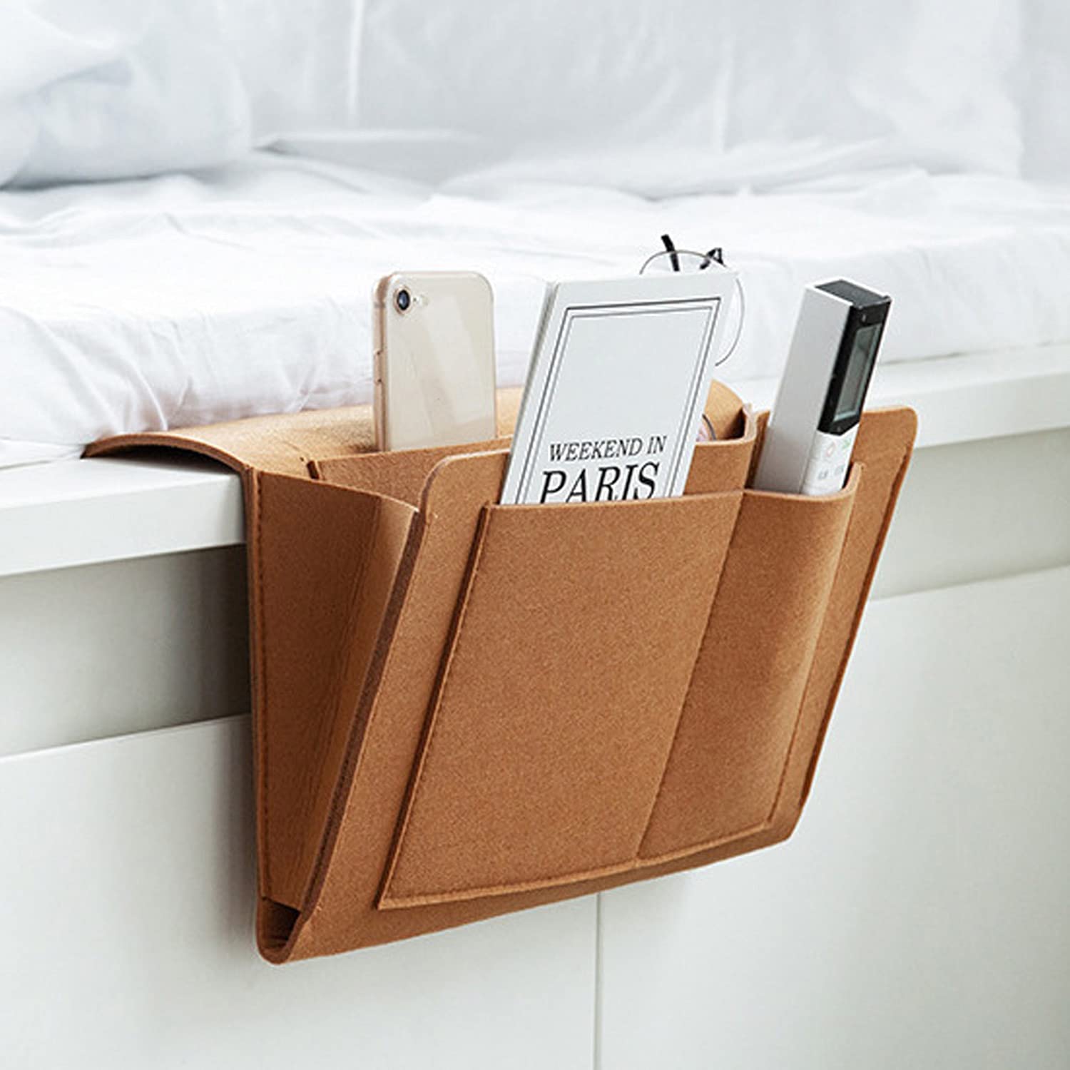 House of Quirk Bedside Caddy|Ipad Holder | Dorm College Room, Bunk Bed, Hospital Bed, Kids Baby Bed | Hanging Storage Organizer | Remote Holder | Large Size 12.5" x 8.2" inch (Camel)-image-22