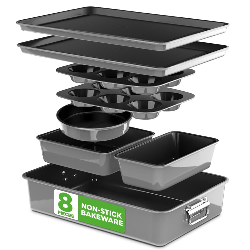 NutriChef Bakeware Set - Stackable Non-Stick Carbon Steel 8pc, Light Grey