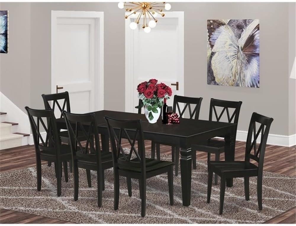 9 Piece Dining Room Set for 8 People, Wooden Self Storage Butterfly Leaf Extendable Rectangle Dining Table with Pedestal Legs and 8 Wooden Seat Dining Chairs for Kitchen Dining Room, in Black