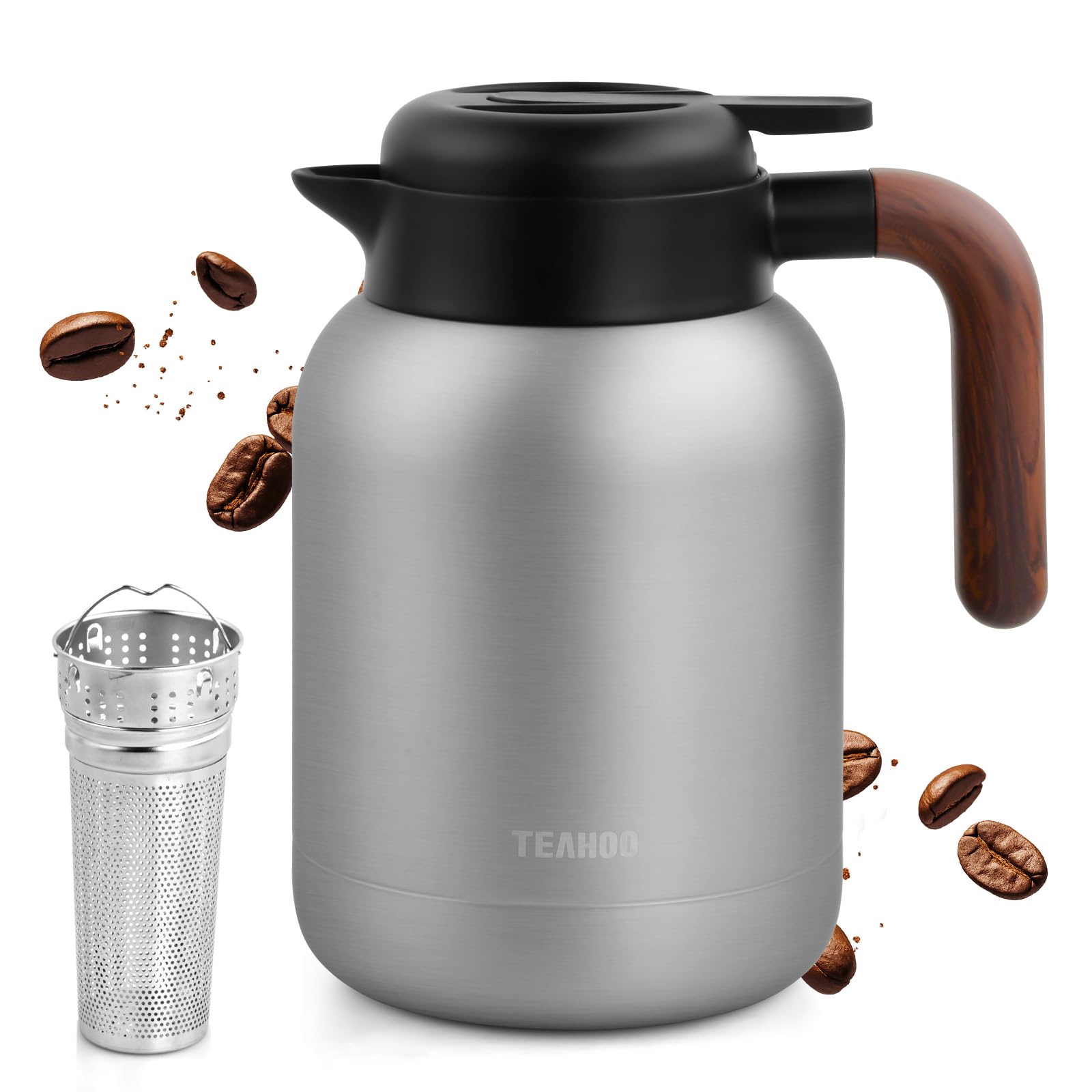 Thermoskanne 1,5L mit Siebeinsatz, Doppelwandingem 316 Edelstahl, 24h Heiß Kaffeekanne, Kaffee & Teekanne, Isolierkanne Tee, kein Leck, kein Tropfen