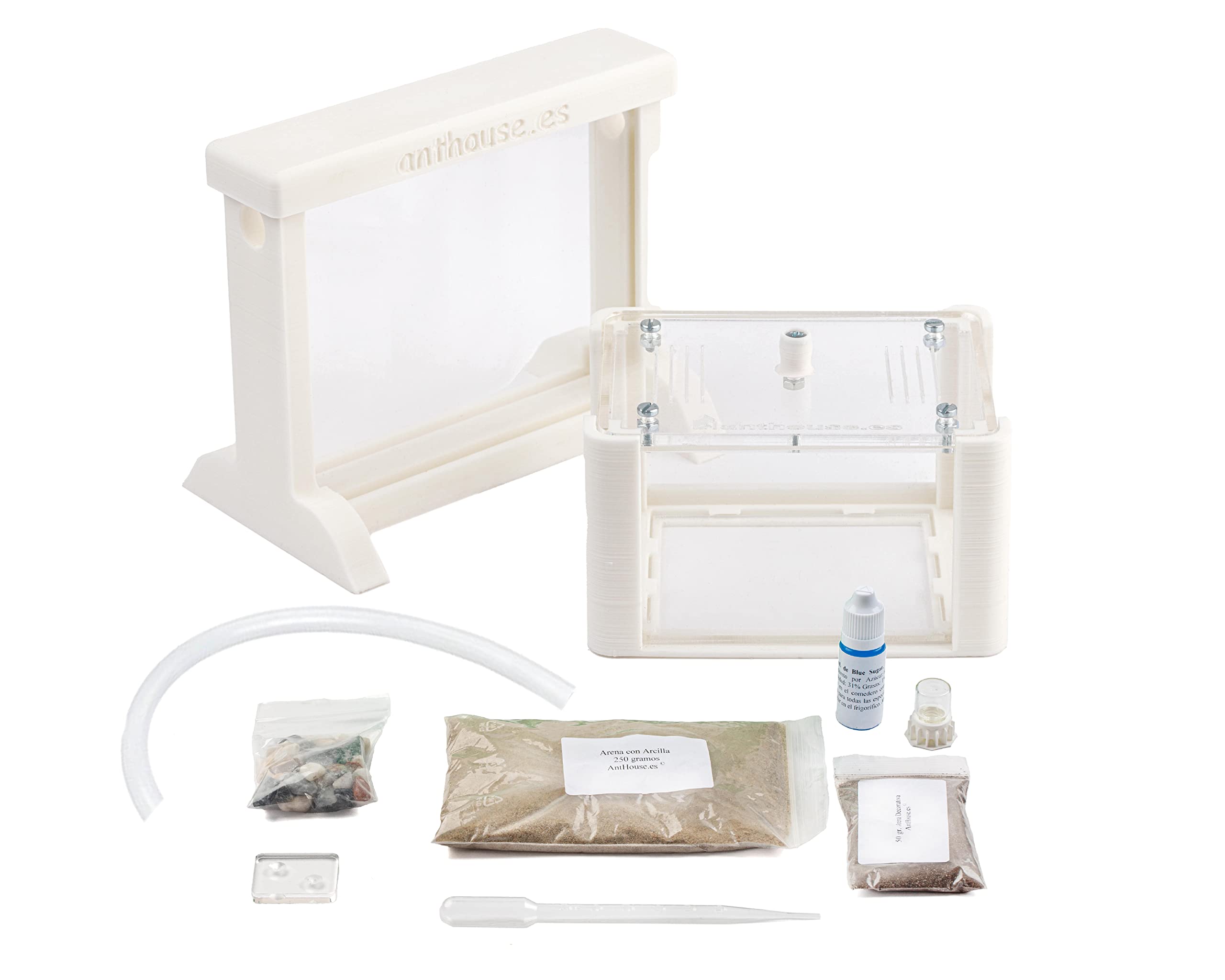 AntHouse - Fourmilière Naturelle en Sable | Kit Basic 3D (Sandwich + Caisse de Fourrage) Blanc | Fourmis Incluses - 3