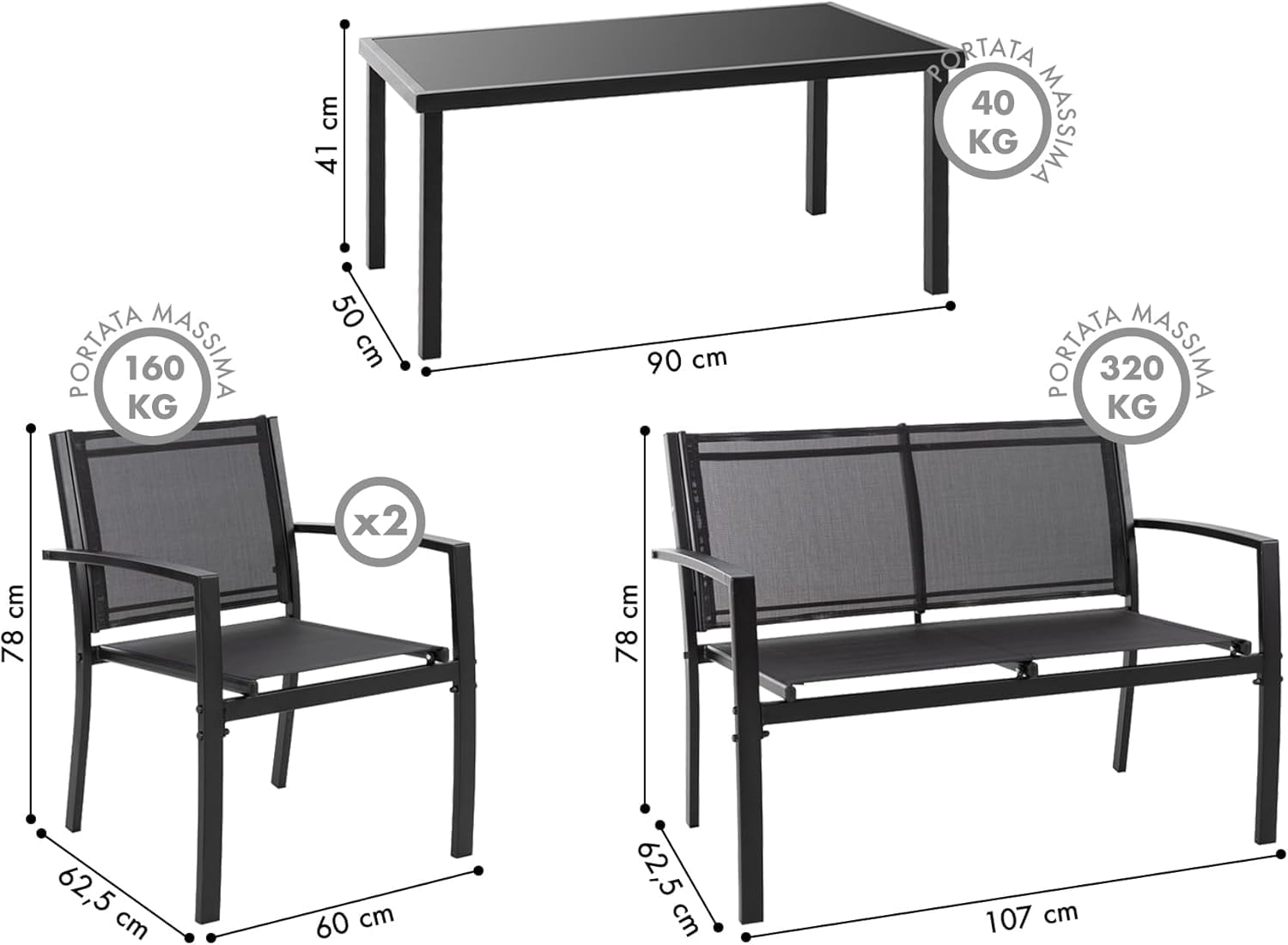 Salotto Da Esterno In Acciaio 2 Poltrone 1 Divano 1 Tavolo Giardino Esterno Con Seduta In Textilene Patio Salottino Relax Primavera Estate Mobili Estivi 4 Posti Tavolo Ripiano In Vetro - Nero