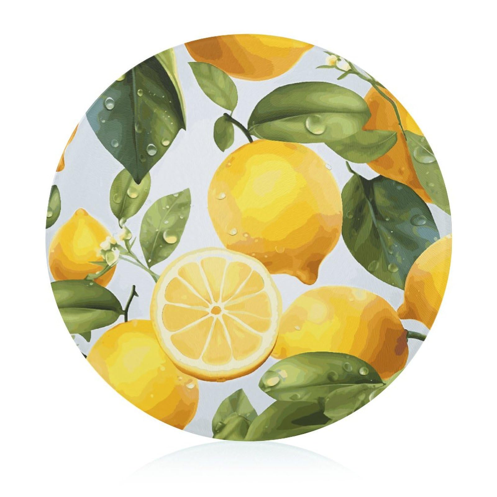 Planche à découper en verre imprimé citron jaune de forme ronde pour votre cuisine