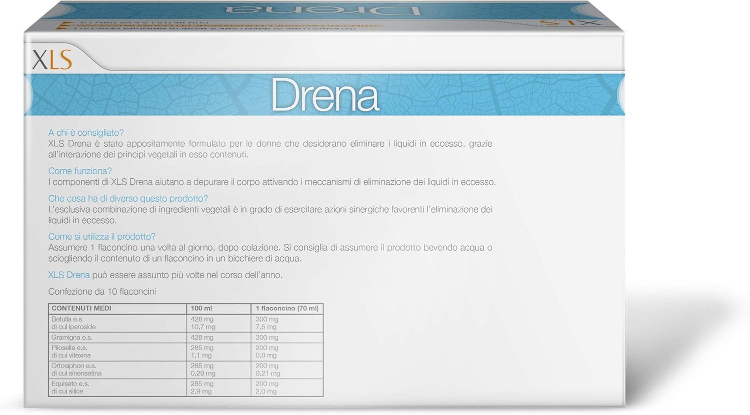 XLS Drena Integratore Alimentare Drenante per Donne, Confezione da 10 Flaconcini, 10 Unità (Confezione da 1)