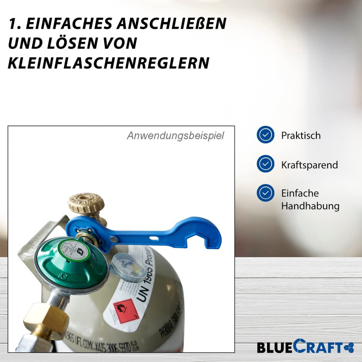 Bluecraft 4X Propan-Gasflasche 11kg grau Neu, leer, inkl. Gasreglerlöser mit Magnet + Schlüssel 17mm für Überwurfmutter 1/4"