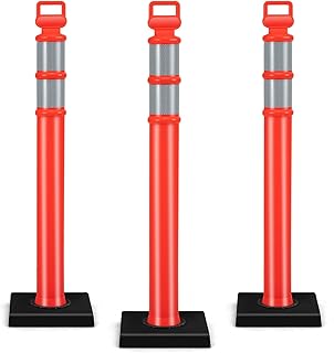 S AFSTAR 3 Pack Traffic Delineator Post, Safety Traffic Barrier with Rubber Base, Reflective Strips, Handle, Indoor & OutdoorRed Caution Cones Bollard Post for Parking Lot Driveway Crowd Control