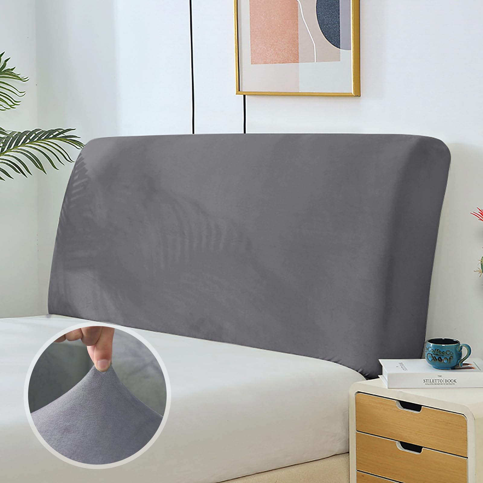 KAYBTNT Velvet Bed Headboard Cover, Double Headboard Covers, Soft Dustproof All-inclusive Elastic Headboard Slipcover for Single, Small Double, King Size, Super King (Light Grey, 200-220cm)