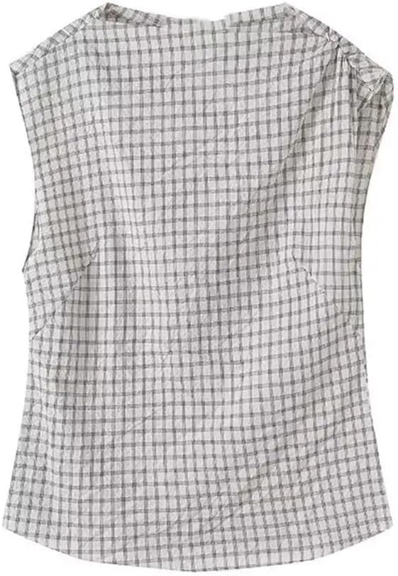 Women's Plaid Print Short Loose Round Neck Sleeveless Pleated Top