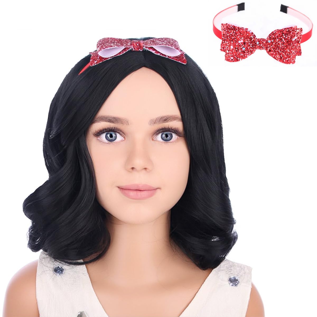 PATTNIUMShort Black Wig for Kids Curly Wig with Headband Child Girls Middel Part Natural Black Synthetic Wigs
