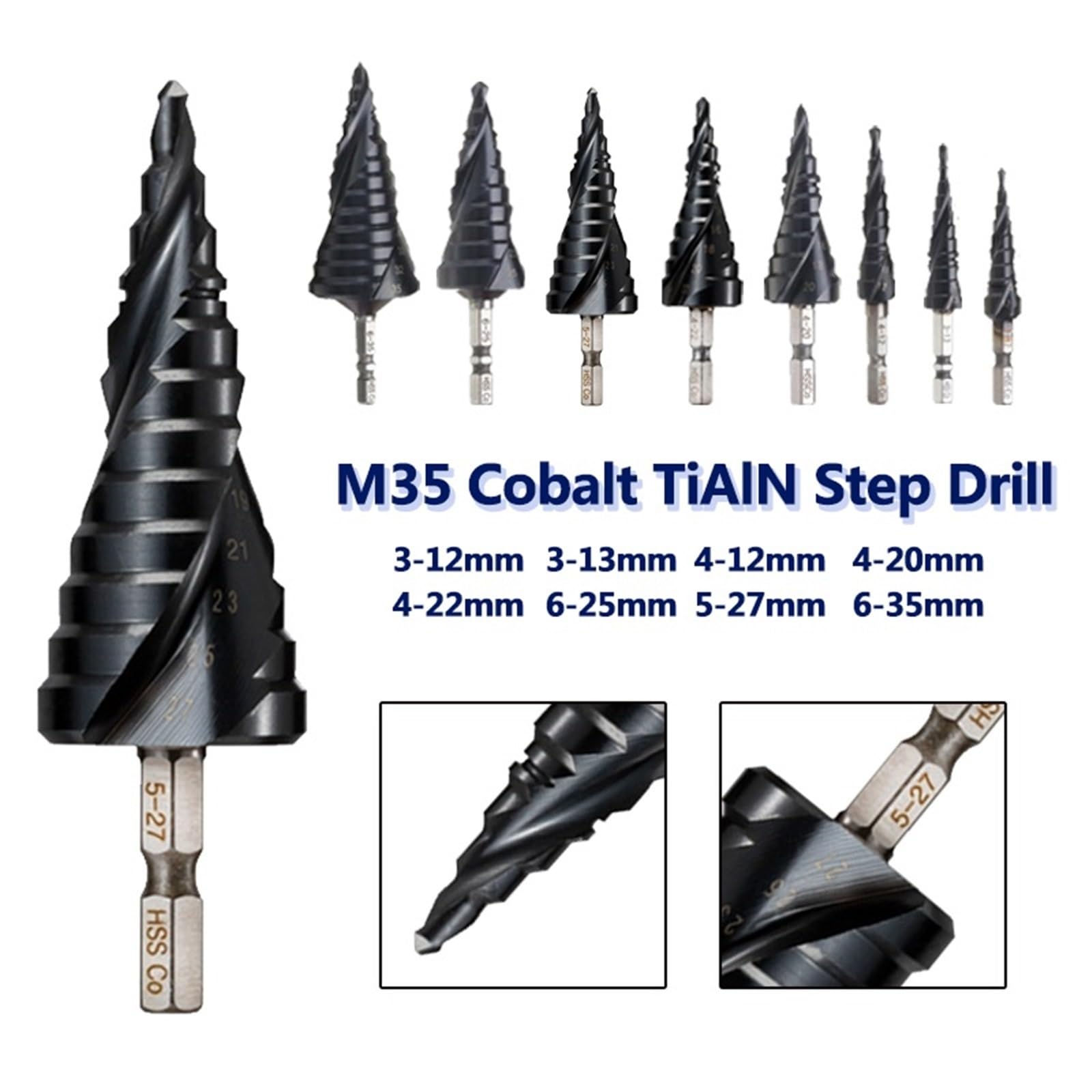 Punta Da Trapano A Gradini Rivestita In Cobalto TiAlN HRC89 M35 | Apriscatole for fori di perforazione in metallo ad alta velocità con codolo esagonale da 1/4 di pollice(5-27mm)