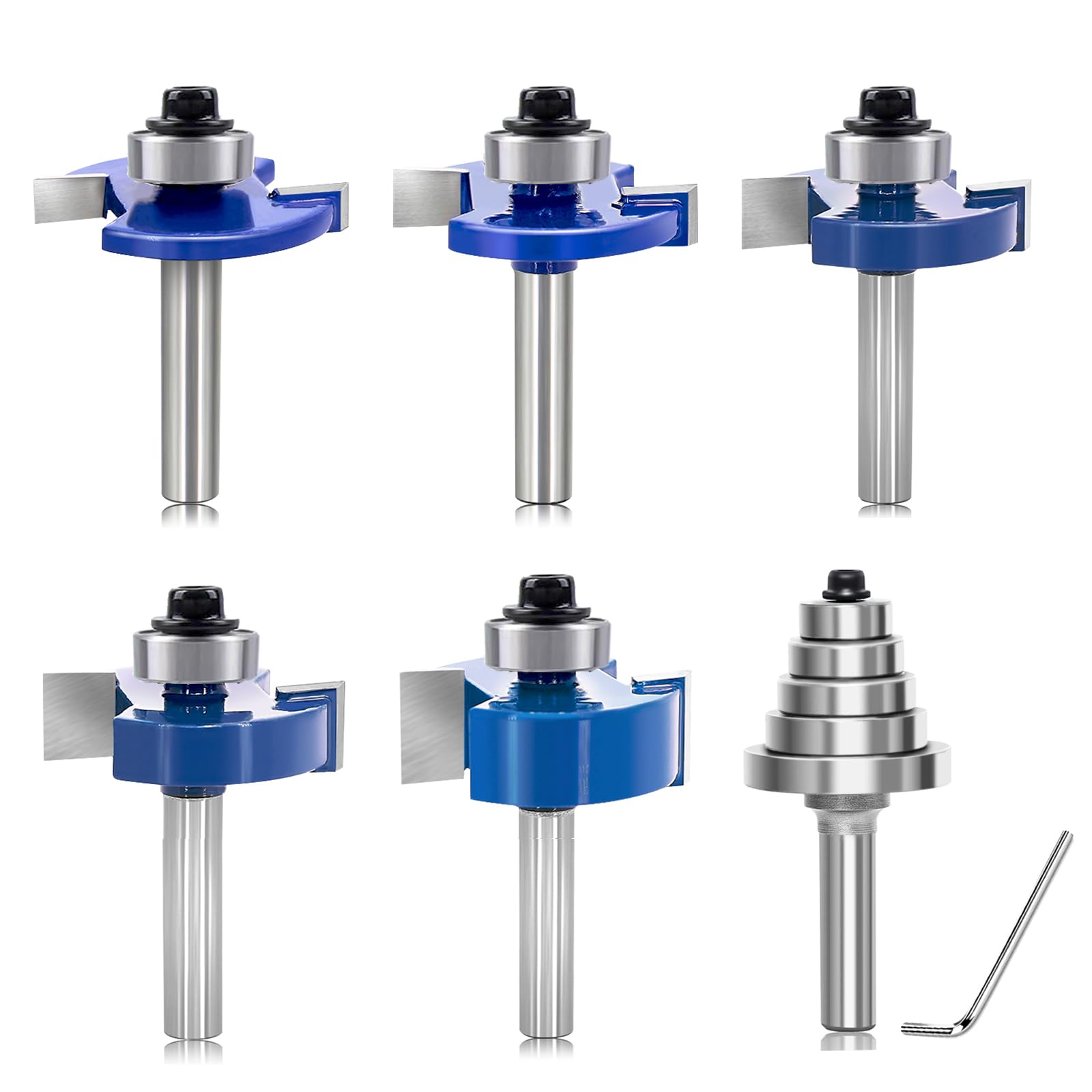 SICWOOD 5PCS Rabbeting Router Bit Set 1/4 Inch Shank, 1-1/4" Cut Dia, Rabbet Router Bit with 5 Bearings Set(Dia 1/2", 5/8", 3/4", 7/8", 1-1/8" ), for Cutting Rabbet Slots — image 1