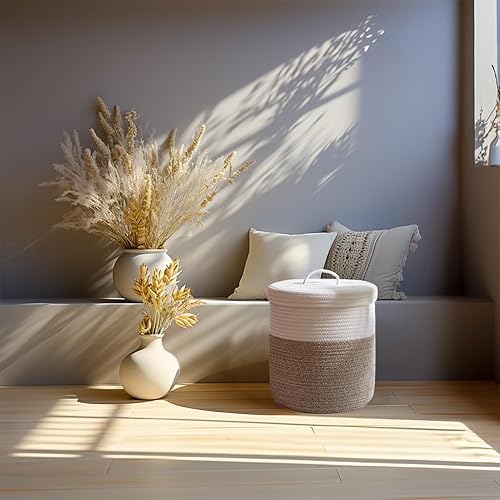 Vista 2 de Yimi's Dream Cesta de almacenamiento con tapa, cesta mediana de cuerda de algodón con tapa, pequeña cesta de almacenamiento redonda para guardería