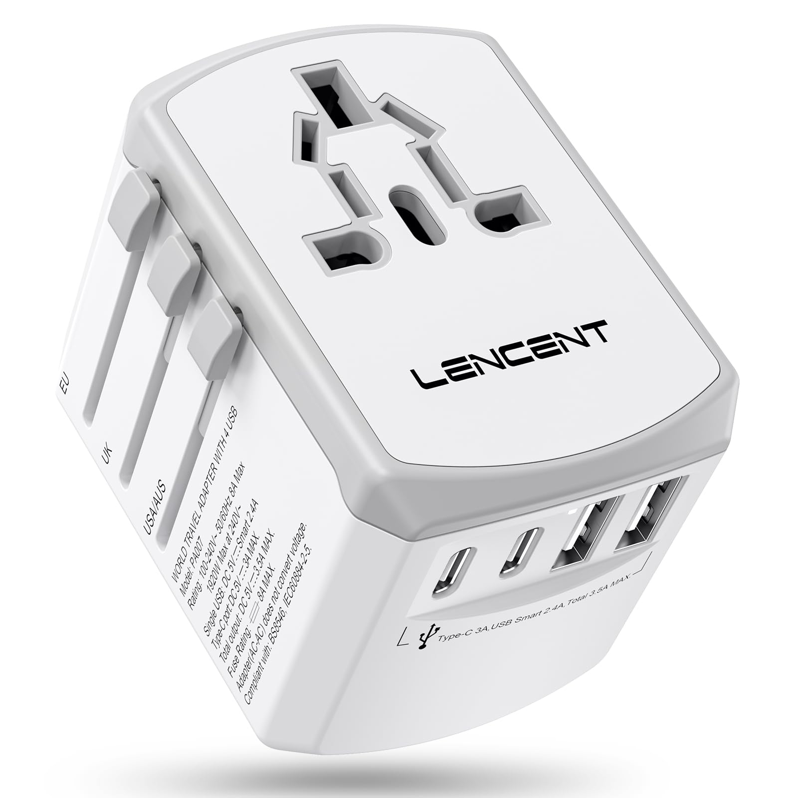 LENCENT Universal Travel Power Adapter, International AC Plug Adaptor with 2 USB C 2 USB A Ports Wall Charger Worldwide Travel Essentials for US to EU UK Ireland Australia (Type C/G/A/I), White