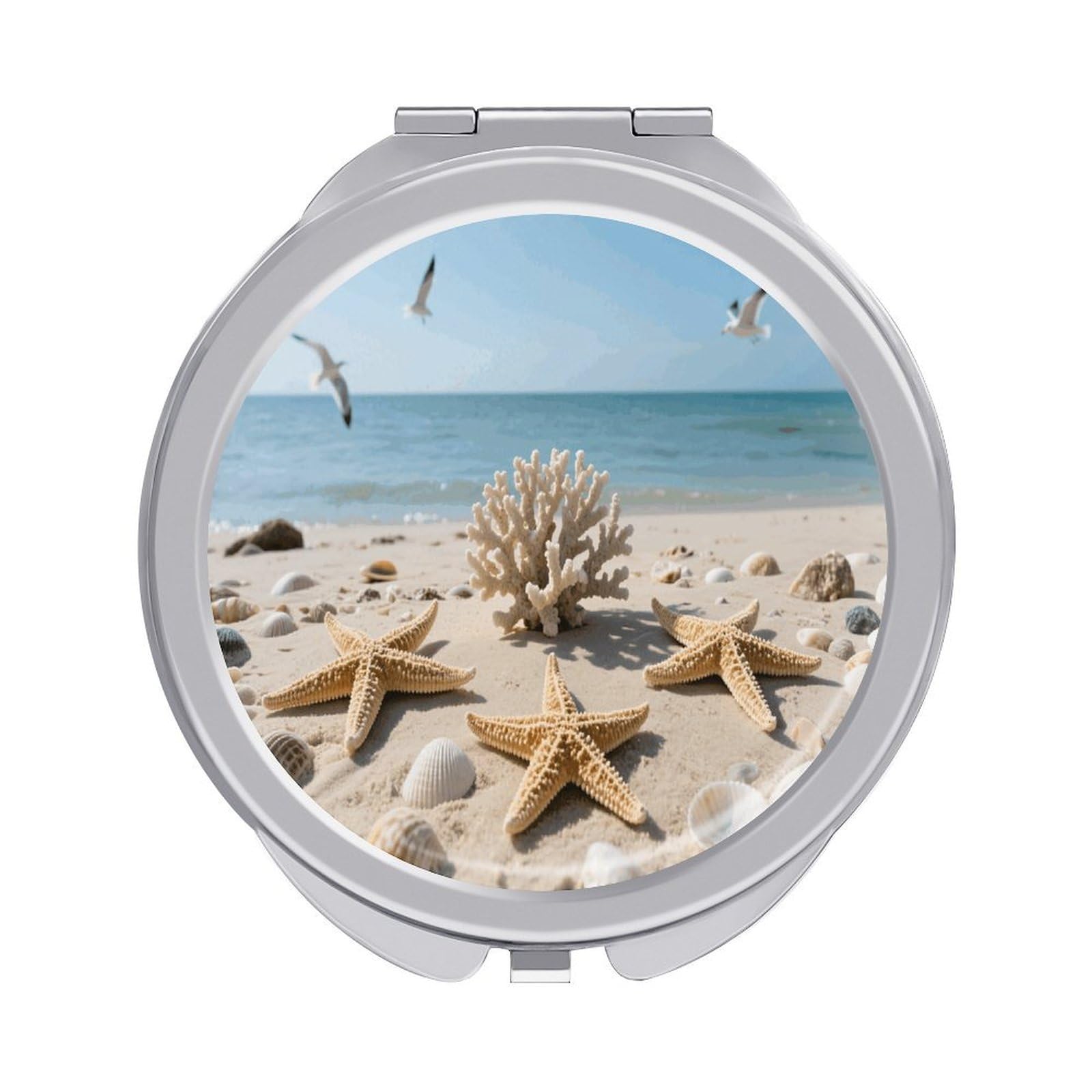 VstaDank Sea Shells and Starfish Makeup Mirror Beautiful Compact Makeup Mirror Silver Mirrors Surface Folding Makeups Lightweight Travel Makeups Mirrors for Suitable Handbag and Purses