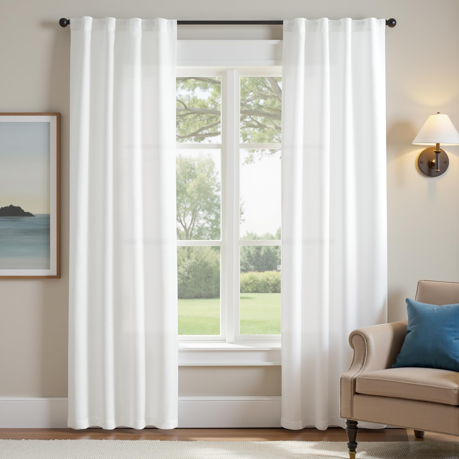 jinchan White Curtains for Living Room Bedroom Linen Textured Curtains 90 Inches Long Farmhouse Country Casual Weave Back Tab Drapes Light Filtering