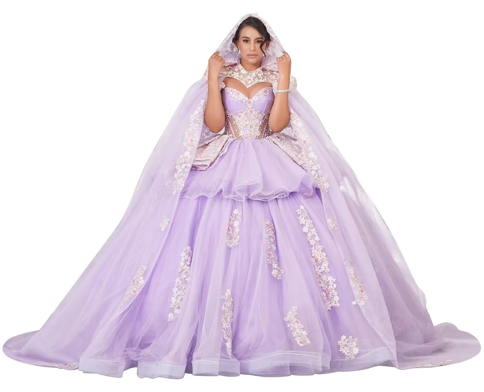 Zhangyo Floral Off Shoulder Beaded Quinceanera Dresses with Cape Tulle Applique Sweet 16 Dresses Puffy Lace Quince Dresses
