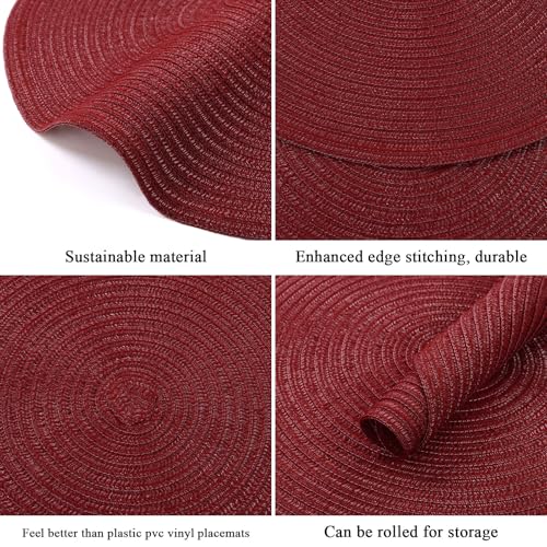 Image of SHACOS Round Placemats Set of 8 for Dining Table 15 inch Round Braided Place Mats Cotton Polyester Washable Non Slip Kitchen Table Mats, Burgundy
