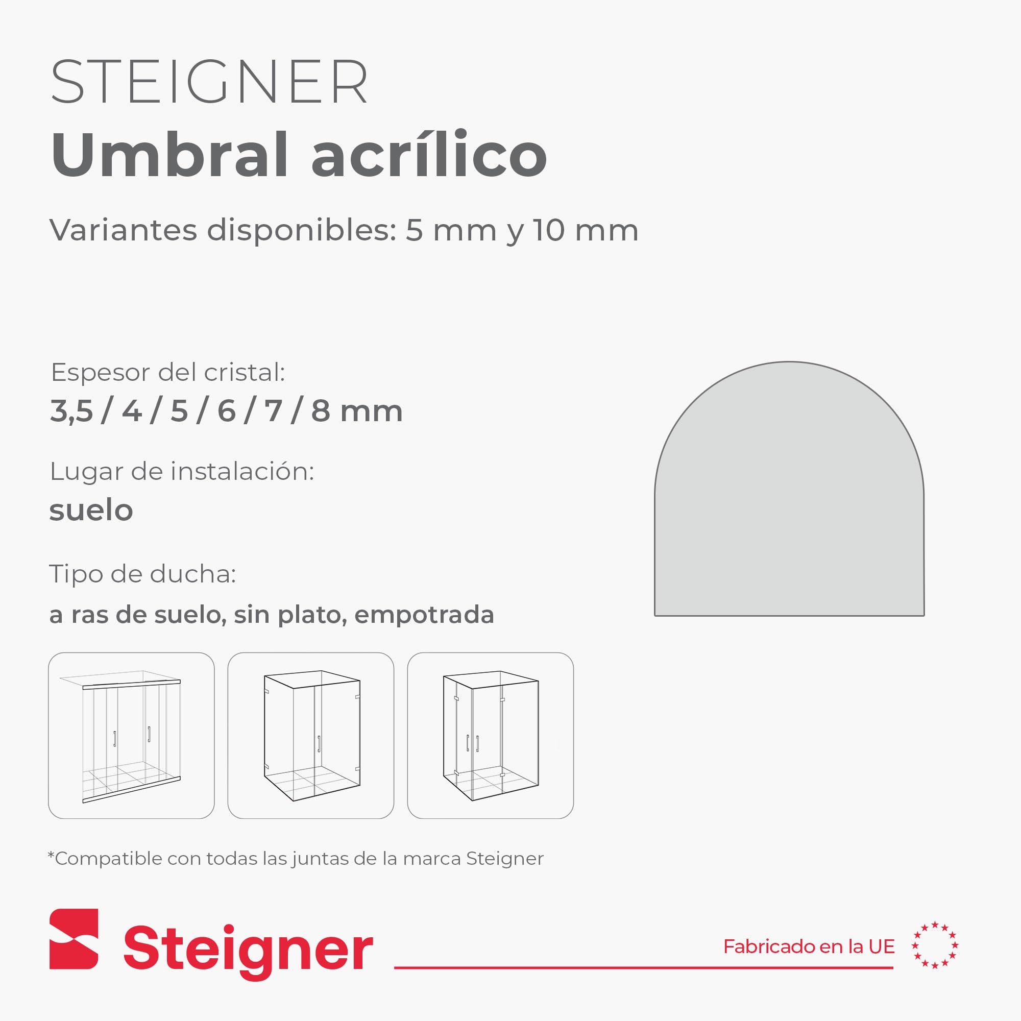 Barra semicircular acrílica autoadhesiva STEIGNER de 10 mm y 160 cm | Deflector de agua, perfil antideslizamiento, para cabinas de ducha, duchas de cristal y duchas a ras de suelo tipo walk-in