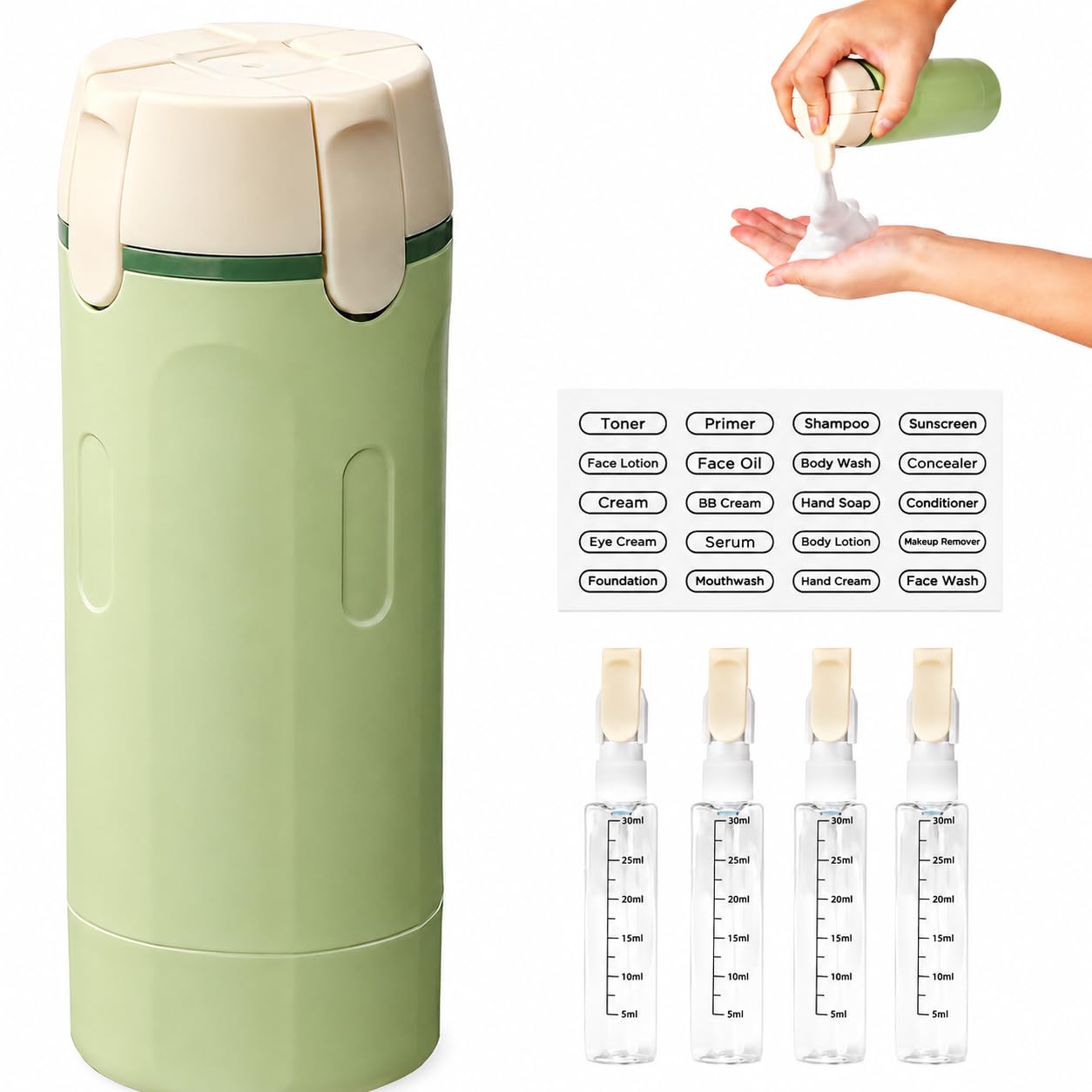 4 in 1 Travel Dispenser Bottle, Travel Bottle Dispensers for Toiletries with Scale & Labels, Leak-Proof Refillable Travel Dispenser, Pump Dispenser Bottle for Shampoo, Lotion, Conditioner, Face Cream