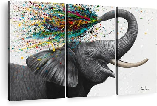 ElephantStock Elephant Elation Wall Art - Horizontal Canvas - 3-Piece Living Room Wall Decor - Animal Painting Canvas Print - Gray and Gold Decor for Wall by Ashvin Harrison - 65" X 42"