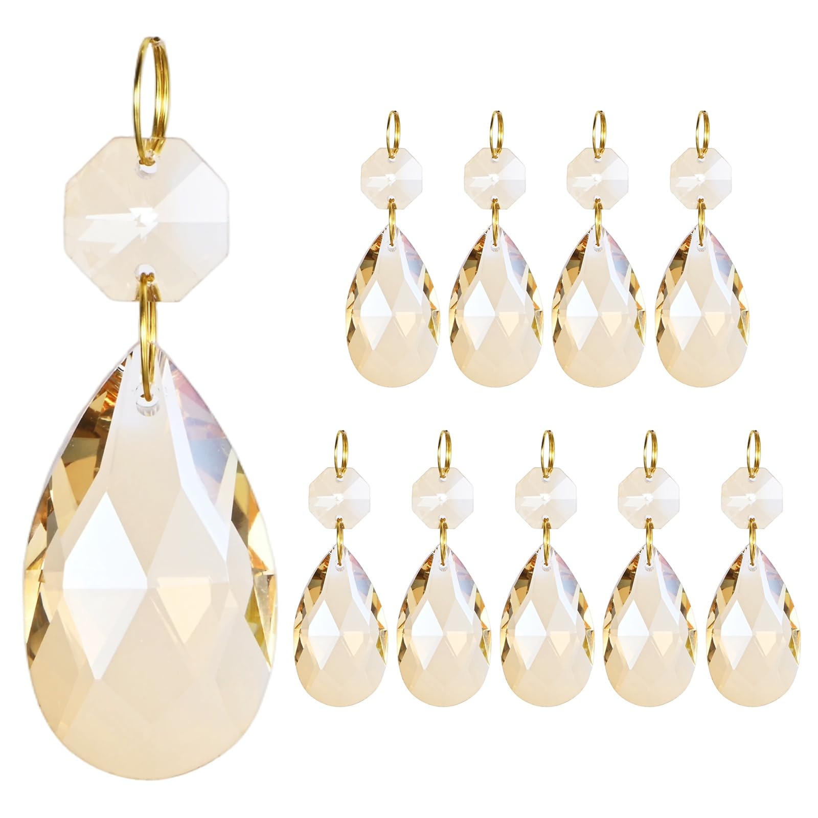M METERXITY 10PCS Crystal Suncatcher 1 Teardrop Prisms Pendants Ornament, 38mm Chandelier Hanging Crystal Sun Catcher Beads for Home Garden Windows Wedding DIY Decoration [EP Gold]