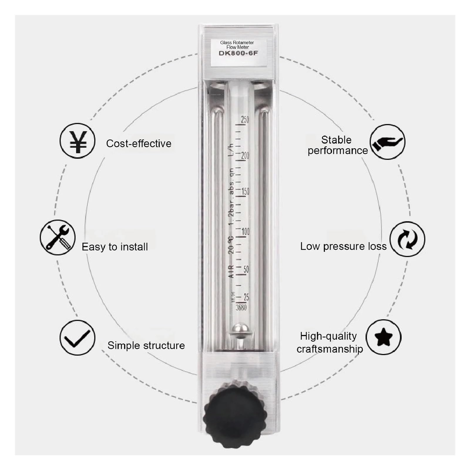Caudalímetro rotámetro de Tubo de Vidrio DK800-6 Caudalímetro de Gas de área Variable for Aire, oxígeno y nitrógeno Caudalímetro Industrial de Tipo Flotador(180-1800 L-H)