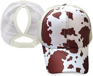 Women Cow Print Ponytail Hole Baseball Hats Ponycap Messy Bun Hat Mesh Trucker Sun Cap