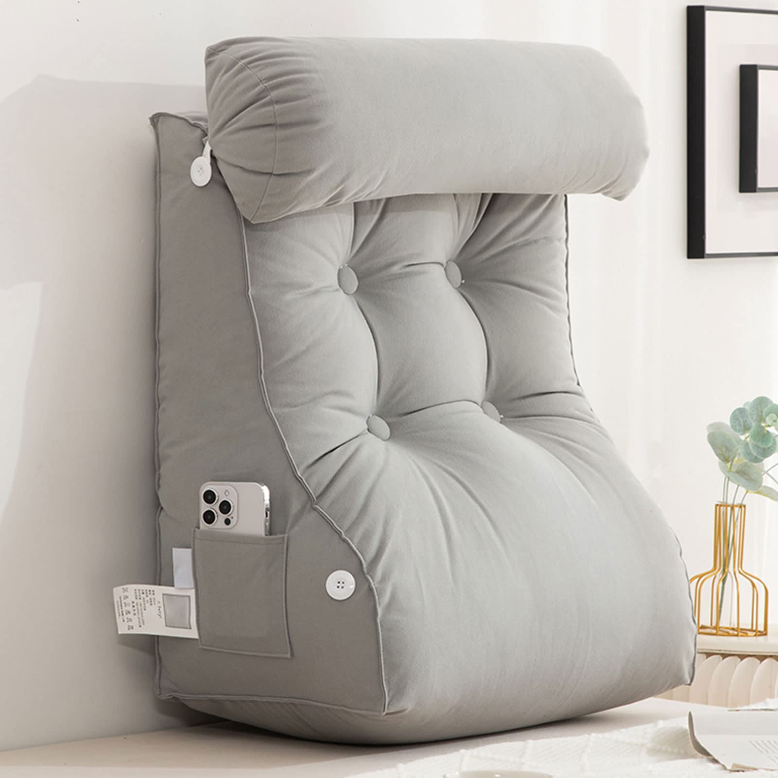 CLEMMO Reading Pillow,Wedge Pillow,Bed Rest Pillow,Lumbar Support Cushion,with Adjustable Neck Pillow And Pockets,Perfect For Adults,Teens,and Kids